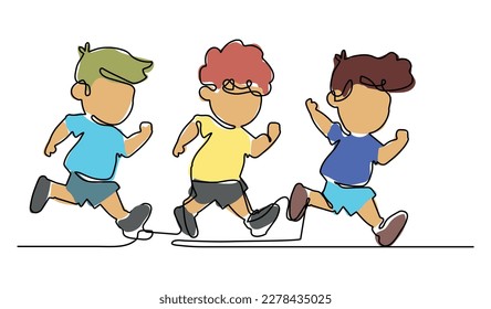 Single continuous line drawing children in athletics competitions. The boys run in stadium and finish. The child came running first and won. Dynamic one line draw graphic design vector illustration.