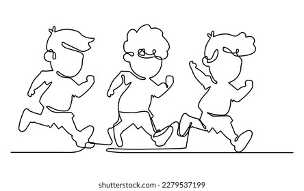 Single continuous line drawing children in athletics competitions. The boys run in stadium and finish. The child came running first and won. Dynamic one line draw graphic design vector illustration.