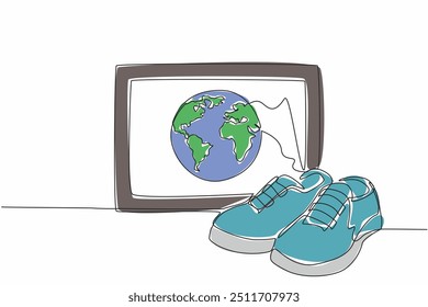 Single continuous line drawing children's shoes with a chalkboard background with a world map. Sneaker gifts for the beloved child. National Shoe The World Day. One line design vector illustration