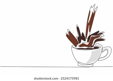 Uma única linha contínua desenho bebida de chocolate derramado na xícara de cima. Um anúncio para uma bebida tranquila. Relaxamento. Dia Nacional do Chocolate Quente. Ilustração de vetor de design de uma linha