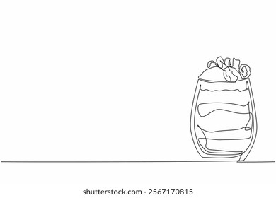 Single continuous line drawing chocolate parfait with various layers in glass. Sweet taste in the mouth. More refreshing in summer. National Chocolate Parfait Day. One line design vector illustration