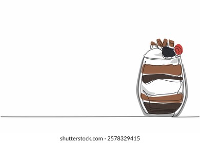 Single continuous line drawing chocolate parfait with various layers in glass. Sweet taste in the mouth. More refreshing in summer. National Chocolate Parfait Day. One line design vector illustration