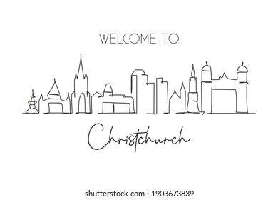 Single continuous line drawing Christchurch skyline, New Zealand. Famous city scraper landscape. World travel home wall decor art poster print concept. Modern one line draw design vector illustration