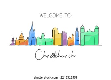 Single continuous line drawing Christchurch skyline, New Zealand. Famous city scraper landscape. World travel home wall decor art poster print concept. Modern one line draw design vector illustration