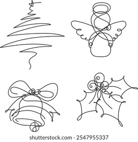 Desenho de linha contínua única Ícones de Natal Árvore, Ângulo, Folha, Sino