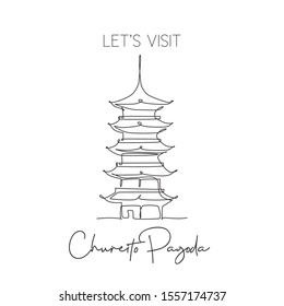 Single continuous line drawing Chureito Pagoda landmark. Beautiful famous place in Fujiyoshida, Japan. World travel tour wall decor poster art concept. Modern one line draw design vector illustration