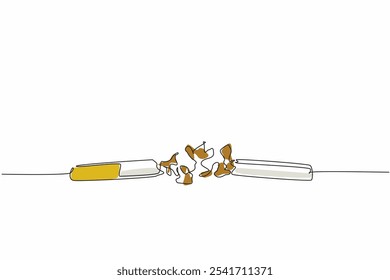 Linha contínua única desenho cigarro quebrado no meio em 2 partes. Pedaços de cigarro espalhados. Apenas jogue fora. Deixe maus hábitos. Os cigarros danificam o corpo. Ilustração de vetor de design de uma linha