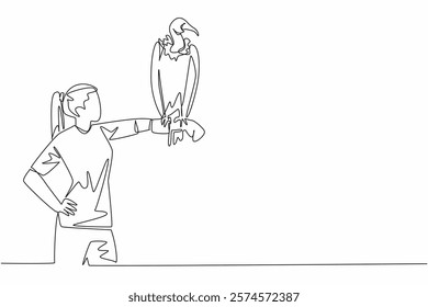 Single continuous line drawing cinereous vulture perched on hand of woman. Very large vulture with a large head and beak. Population decreasing. Woman Holding Bird. One line design vector illustration