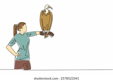 Single continuous line drawing cinereous vulture perched on hand of woman. Very large vulture with a large head and beak. Population decreasing. Woman Holding Bird. One line design vector illustration