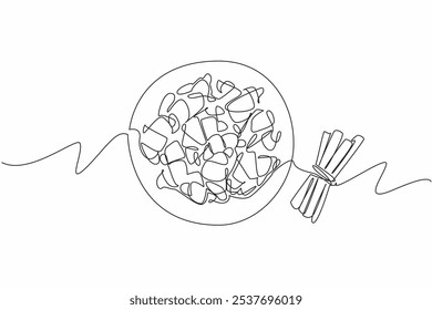 Línea continua única dibujando medias lunas de canela en el plato junto a varios palos de canela atados juntos. Útil para bajar de peso. Día Nacional de la Media Luna Canela. Ilustración vectorial de diseño de una línea