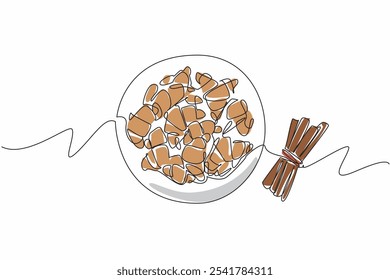 Línea continua única dibujando medias lunas de canela en el plato junto a varios palos de canela atados juntos. Útil para bajar de peso. Día Nacional de la Media Luna Canela. Ilustración vectorial de diseño de una línea