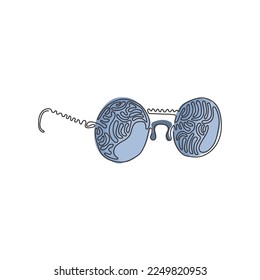 Single continuous line drawing Circle vintage glasses. Round black-rimmed glasses. Side of myopia glasses, round frame, with black glasses legs. Swirl curl style. One line draw graphic design vector