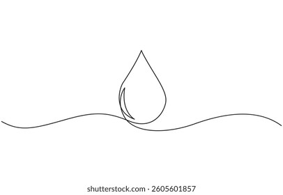 Single continuous line drawing circle made of water splashes, Continuous one line drawing of rain drop, water drop isolated on white background.