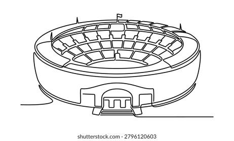 A single continuous line drawing of a circular stadium architecture with tiered seating and an entrance archway isolated on a white background.