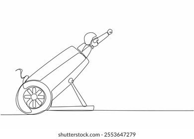 Single continuous line drawing the circus performers inside the cannon wear helmets and put their hands forward. Fun and also a test of courage. World Circus Day. One line design vector illustration