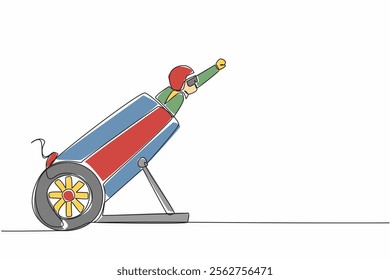 Single continuous line drawing the circus performers inside the cannon wear helmets and put their hands forward. Fun and also a test of courage. World Circus Day. One line design vector illustration