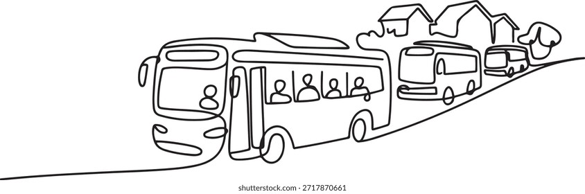 Una sola línea continua dibujando autobuses urbanos que sirven a los empleados de cercanías y estudiantes escolares que salen de sus hogares a sus respectivos destinos.

