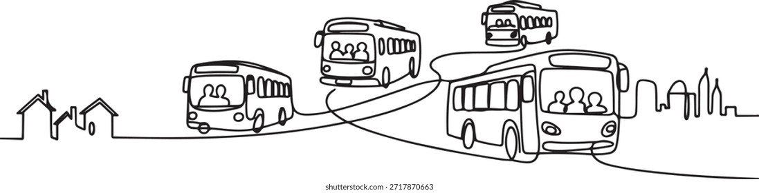 Una sola línea continua dibujando autobuses urbanos que sirven a los empleados de cercanías y estudiantes escolares que salen de sus hogares a sus respectivos destinos.
