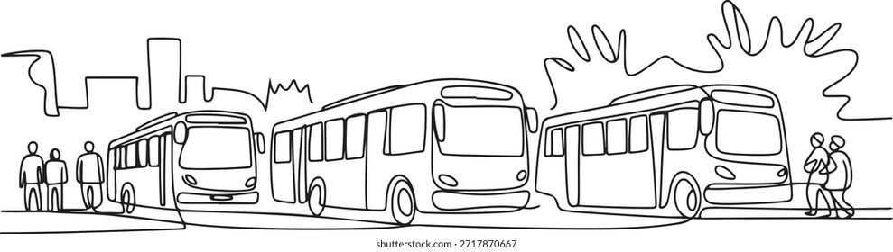 Linha única contínua desenhando ônibus urbanos servindo funcionários e alunos de escolas que partem de suas casas para seus respectivos destinos.

