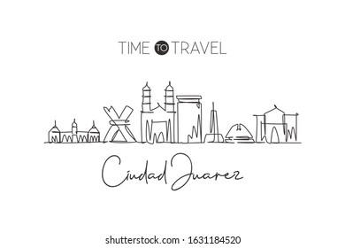 Single continuous line drawing of Ciudad Juarez skyline, . Famous city scraper landscape. World travel destination postcard concept. Editable stroke modern one line draw design art vector illustration