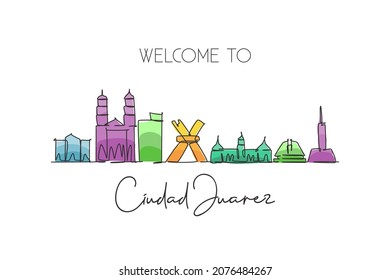 Single continuous line drawing of Ciudad Juarez skyline, . Famous city scraper landscape. World travel destination postcard concept. Editable stroke modern one line draw design art vector illustration