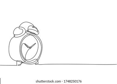 Single continuous line drawing of classic alarm clock with ring bell. Wake up timer tools concept. Modern one line draw design graphic vector illustration