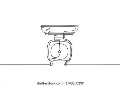 Single continuous line drawing of classic kitchen scale for scaling ingredients. Kitchenware home appliance concept. Modern one line draw design graphic vector illustration