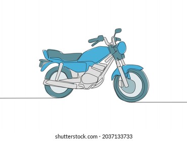 Single continuous line drawing of classic motorbike logo. Rural motorcycle concept. One line draw design vector illustration