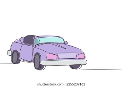 Single continuous line drawing classic retro convertible sports car. Collectors business comfortable cabrio automobile supercar. Vintage motor vehicle concept. One line draw graphic design vector