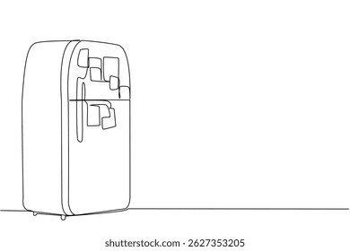 Single continuous line drawing classic refrigerator covered with memo paper. The important sticky notes that will always be read when at home. National Memo Day. One line design vector illustration