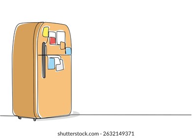 Single continuous line drawing classic refrigerator covered with memo paper. The important sticky notes that will always be read when at home. National Memo Day. One line design vector illustration