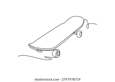 Single continuous line drawing a classic street skateboard from side perspective. Smooth wooden deck and lower wheel axles for youthful extreme sports. One line draw graphic design vector illustration