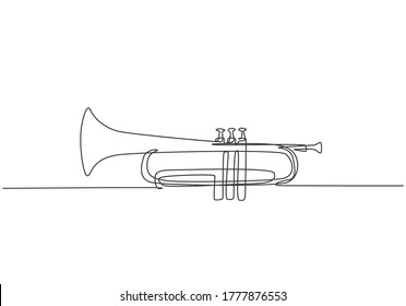 Single continuous line drawing of classical trumpet. Wind music instruments concept. Trendy one line draw design vector graphic illustration