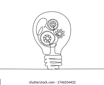 Single continuous line drawing of clean lightbulb with gear wheel mechanic inside for logo label. Creative workshop logotype symbol template concept. Dynamic one line draw graphic vector illustration