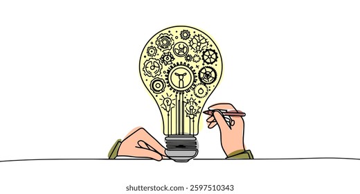 Single continuous line drawing of clean lightbulb with gear wheel mechanic inside for logo label. Creative workshop logotype symbol template concept. Dynamic one line draw graphic vector illustration