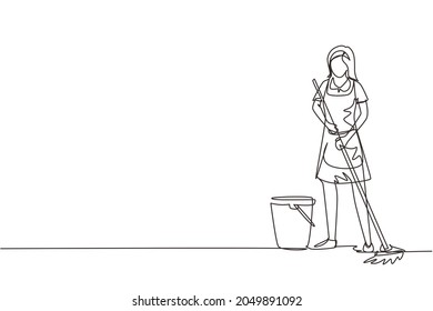 Single Continuous Line Drawing Cleaning Company Staff To Work With The Equipment. Woman With Buckets And Mops. Domestic Cleaner Worker And Cleaners Equipment. One Line Draw Design Vector Illustration