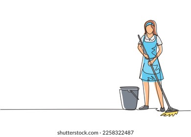 Single continuous line drawing cleaning company staff to work with the equipment. Woman with buckets and mops. Domestic cleaner worker and cleaners equipment. One line draw design vector illustration