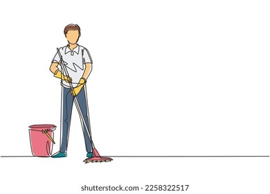 Single continuous line drawing cleaning company staff to work with the equipment. Man with buckets and mops. Domestic cleaner worker and cleaners equipment. One line draw design vector illustration