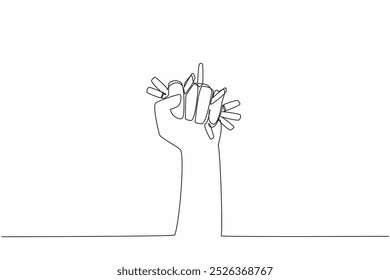 Single continuous line drawing a clenched hand crushing cigarettes in grip. Symbol of firm statement. Rejecting harmful substances that have no benefit to humans.  One line design vector illustration