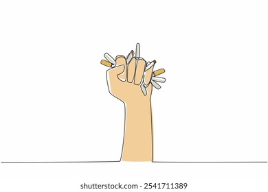 Single continuous line drawing a clenched hand crushing cigarettes in grip. Symbol of firm statement. Rejecting harmful substances that have no benefit to humans.  One line design vector illustration