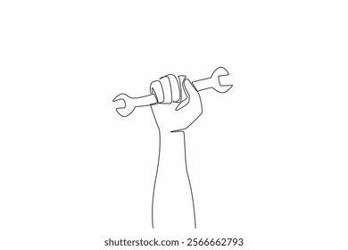 Single continuous line drawing clenched fist and holding a wrench. Spirit of struggle. Workers demand equal rights. Momentum to remember the history. May Day. One line design vector illustration