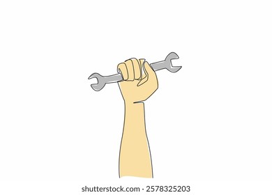 Single continuous line drawing clenched fist and holding a wrench. Spirit of struggle. Workers demand equal rights. Momentum to remember the history. May Day. One line design vector illustration