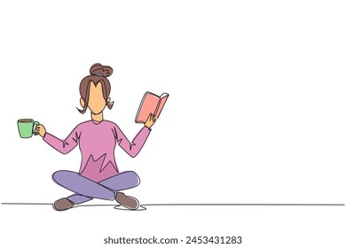 Single continuous line drawing clever woman sitting cross-legged reading book. Accompanied by mug of coffee to make reading more interesting. Knowledge. Calmness. One line design vector illustration