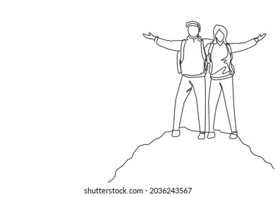 Single continuous line drawing climber man woman stands with arms outstretched on top of mountains. Couple raised they hands up in joy. Achieving success. One line draw design vector illustration