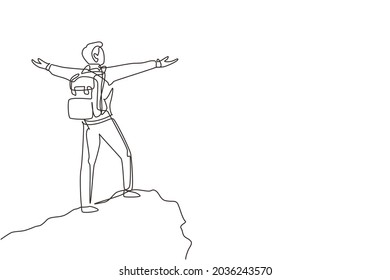 Single continuous line drawing climber man stands with arms outstretched on top of mountain. Winner motivational concept. Tourist with backpack. Traveler in summer rocks. One line draw design vector