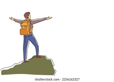 Single continuous line drawing climber man stands with arms outstretched on top of mountain. Winner motivational concept. Tourist with backpack. Traveler in summer rocks. One line draw design vector