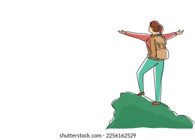 Single continuous line drawing climber woman stands with arms outstretched on top of mountain. Winner motivational concept. Tourist with backpack. Traveler in summer rocks. One line draw design vector