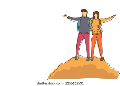 Single continuous line drawing climber man woman stands with arms outstretched on top of mountains. Couple raised they hands up in joy. Achieving success. One line draw design vector illustration