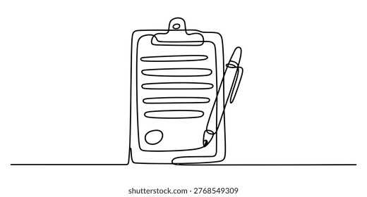 A single continuous line drawing of a clipboard with a pen resting on top of the paper document Vector, illustration