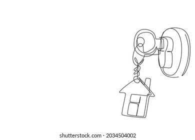 Single continuous line drawing close up key on door, personal loan concept. Keys in door lock. Mortgage, credit or property concept. Sale and rent of apartments. One line draw graphic design vector